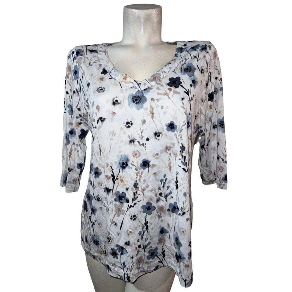 J. Jill Pure Jill Pleated Back Top M Floral V-Neck 3/4 Sleeve Cotton Modal Blue